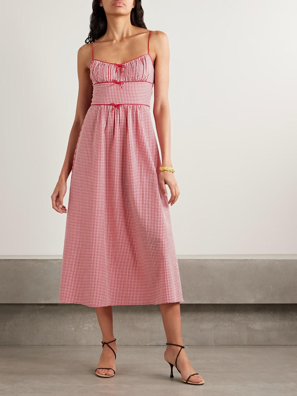 NWT Doen Belline Bow-Detailed Red Gingham Recycled-Seersucker Midi Dress Large